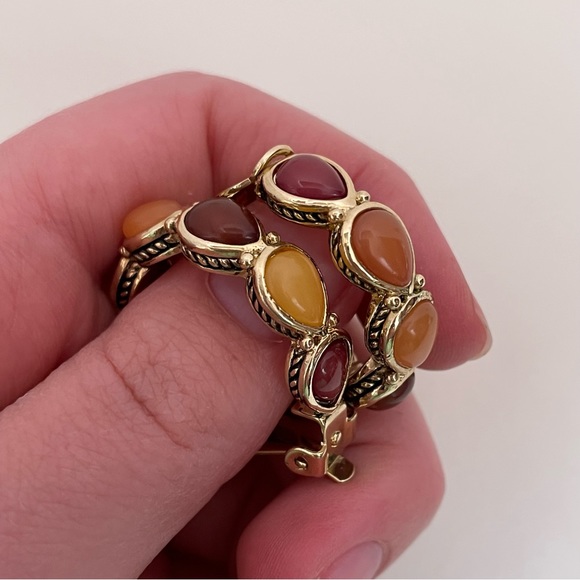 Gold Tone Fall Autumn Colored Rhinestone Boho Oversized Peach Fuzz Hoop Earrings - Picture 3 of 9